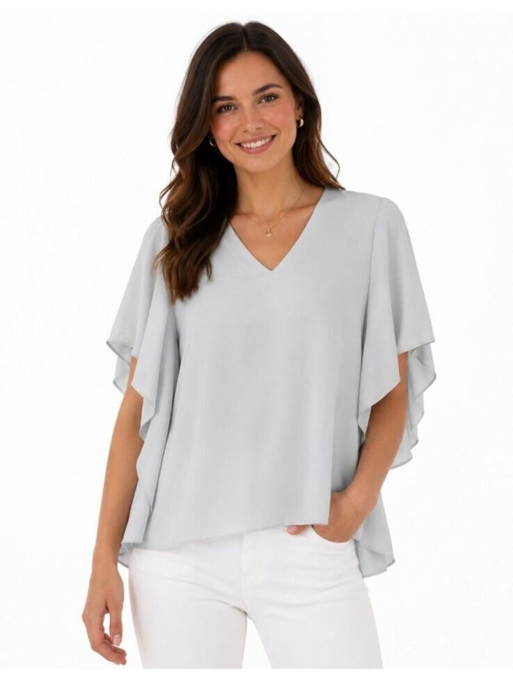 Anna Kate Womens Draped Top Blouse Blue Gray Size XSMALL V Neck Preppy Flowy Slv